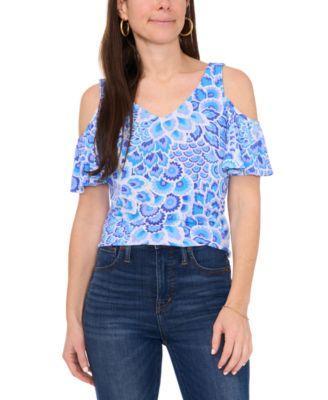 Petite Printed Cold-Shoulder Flutter-Sleeve Top Product Image