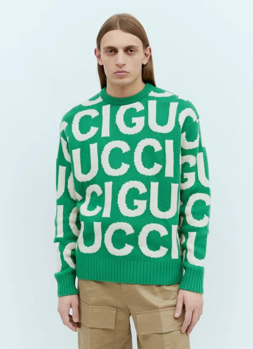 GUCCI Wool Sweater With Intarsia In Green,ivory Product Image