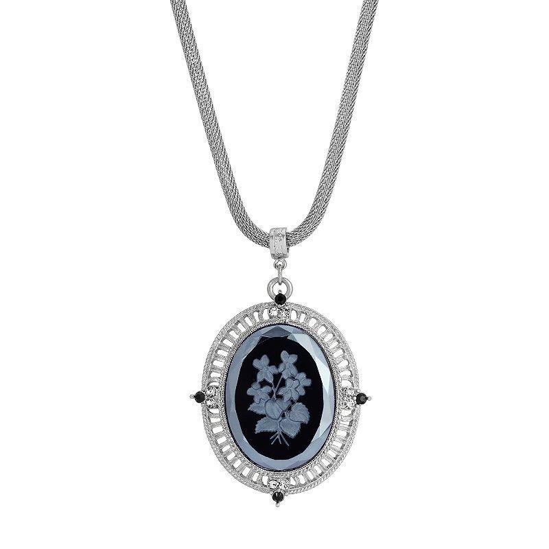 1928 Silver Tone Floral Pendant Necklace, Womens Black Product Image