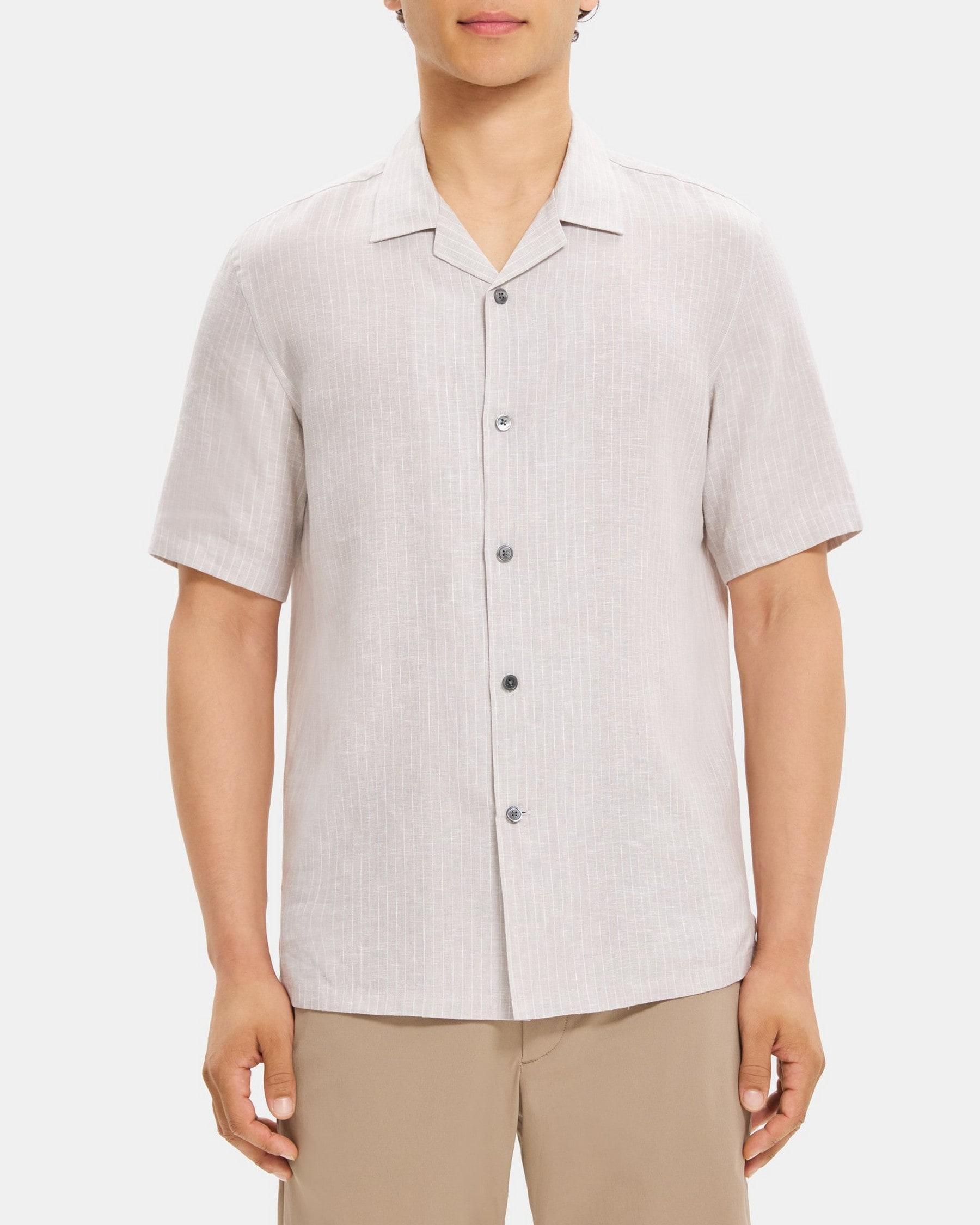 Short-Sleeve Camp Shirt in Striped Linen-Tencel Product Image