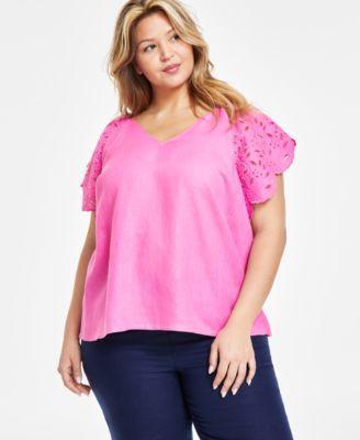 Plus Size 100% Linen Embroidered Flutter-Sleeve Top, Created for Macy's product image