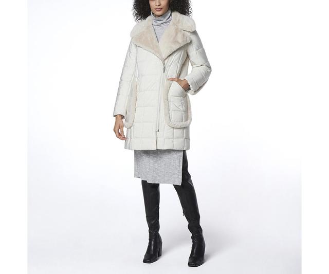 Womens Astor Asymmetrical Mixed Media Puffer With Faux Fur Trim Product Image