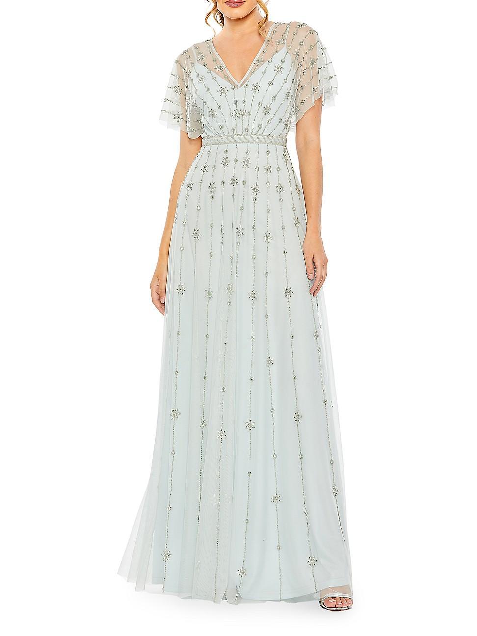 Womens Crystal-Embellished Flutter-Sleeve A-Line Gown Product Image