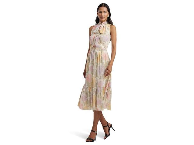 Lauren Ralph Lauren Floral Crinkle Georgette Tie-Neck Dress (Cream ) Women's Dress Product Image