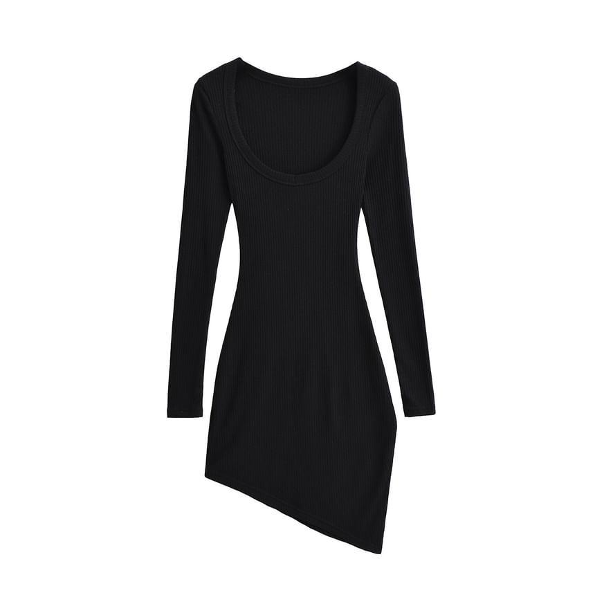 Long-Sleeve Scoop Neck Plain Asymmetrical Slit Mini Bodycon Dress Product Image