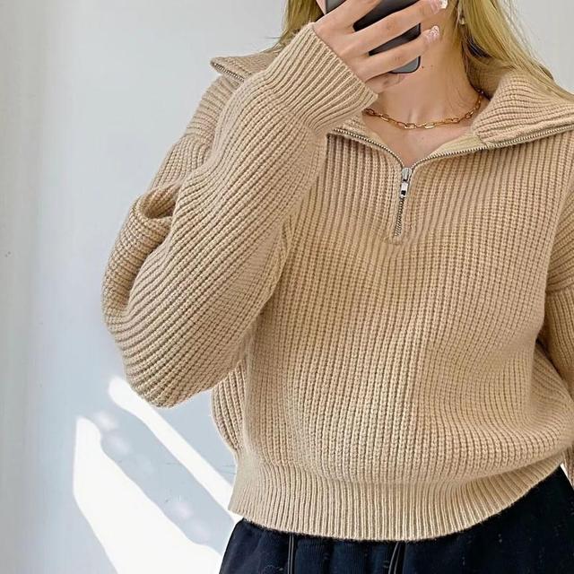 Half-Zip Plain Ribbed Sweater Product Image