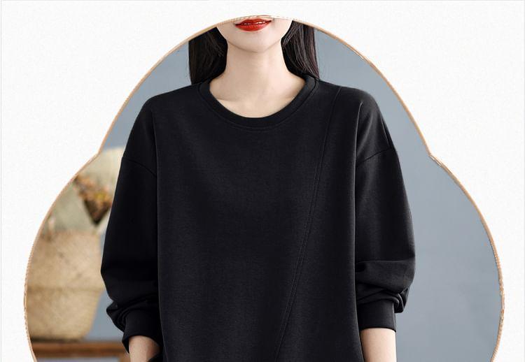 Crew Neck Plain Asymmetrical Slit Pullover Product Image