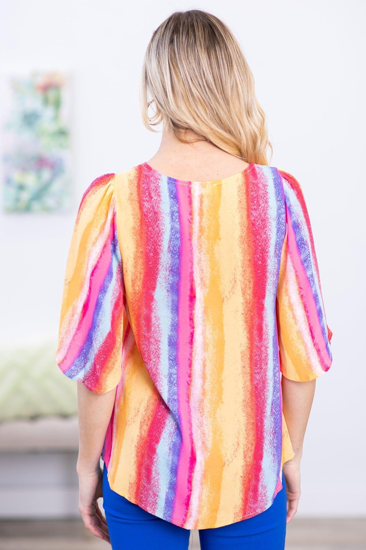 Red and Yellow Multicolor Vertical Stripe Top Product Image