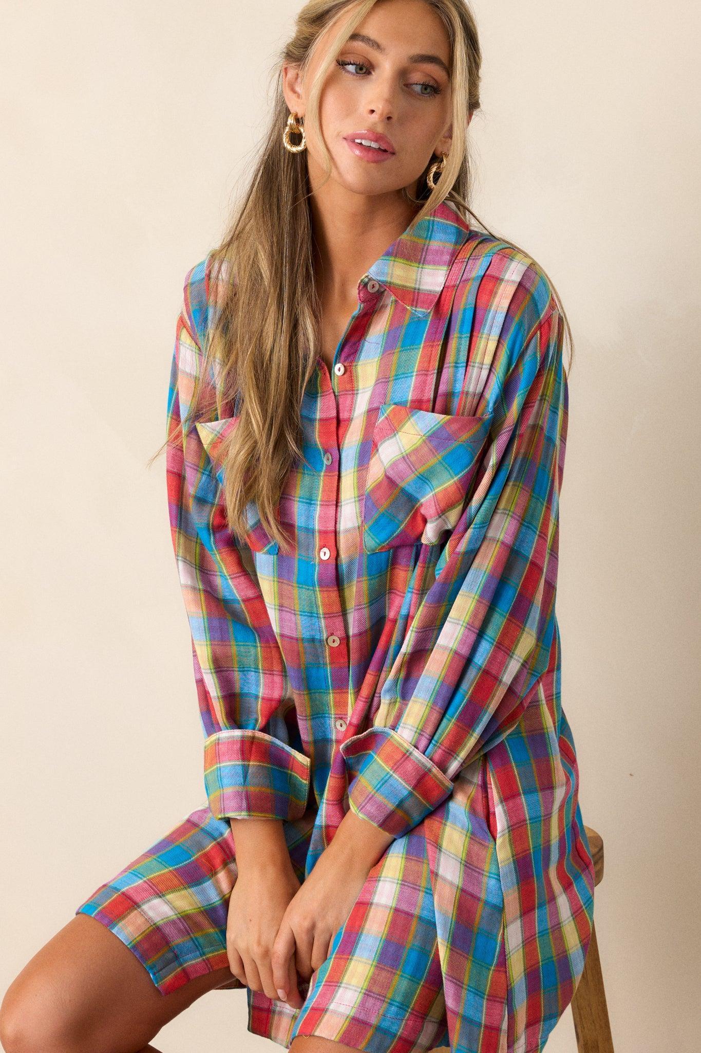 Gliding By 100% Cotton Blue Multi Plaid Mini Dress Product Image