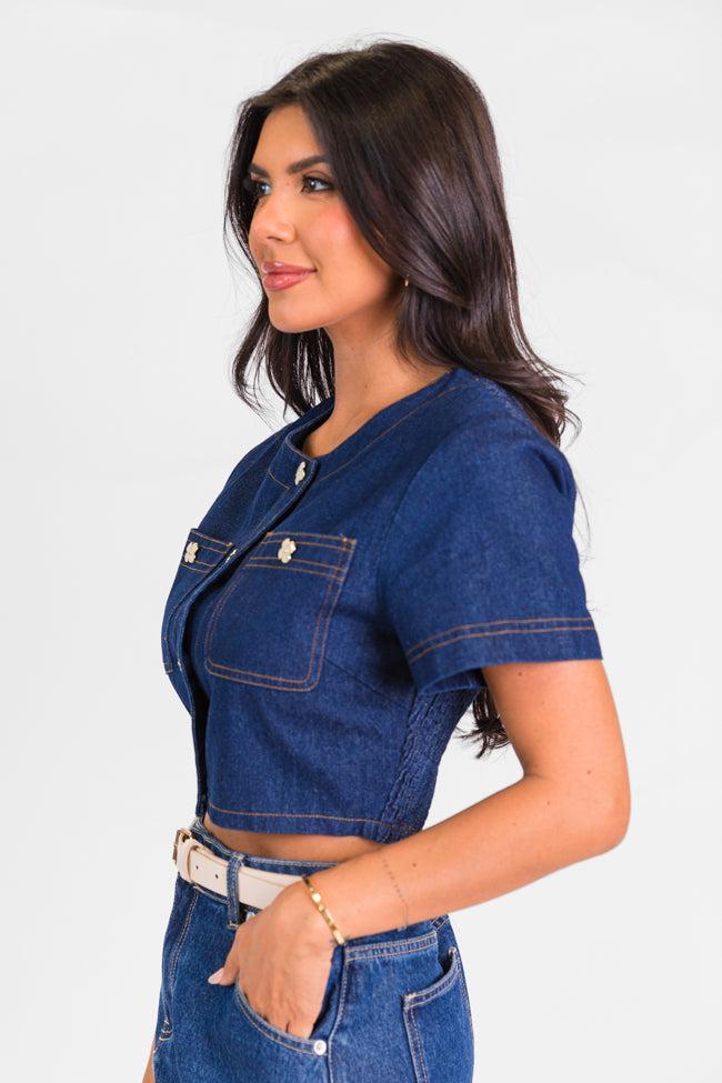 Little Details Dark Wash Denim Button Front Crop Blouse FINAL SALE Product Image