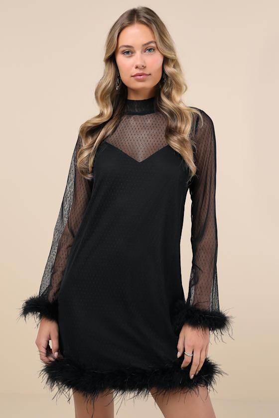 Immaculate Charisma Black Mesh Feather Long Sleeve Mini Dress Product Image