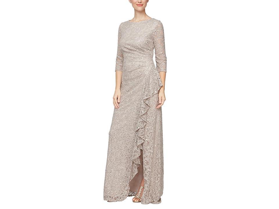 Alex Evenings Long Sequins Lace A-line Dress (Buff) Women's Dress Product Image