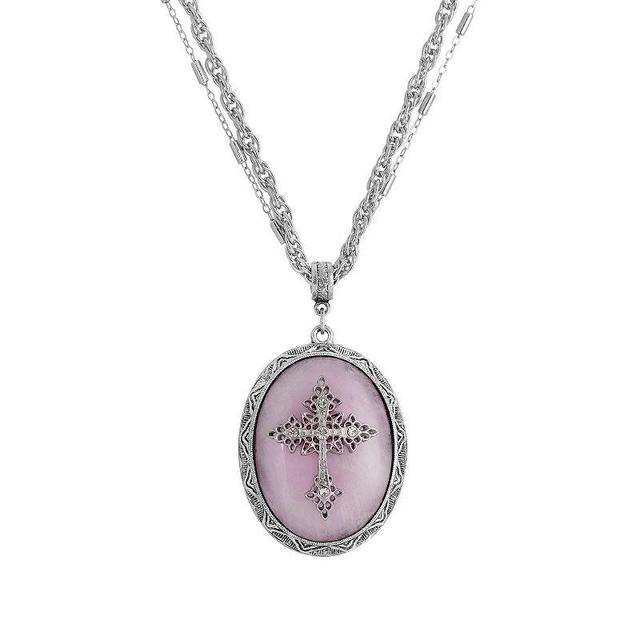 Symbols Of Faith Silver Tone Crystal Cross Cameo Double-Strand Pendant Necklace, Womens, Pink Product Image