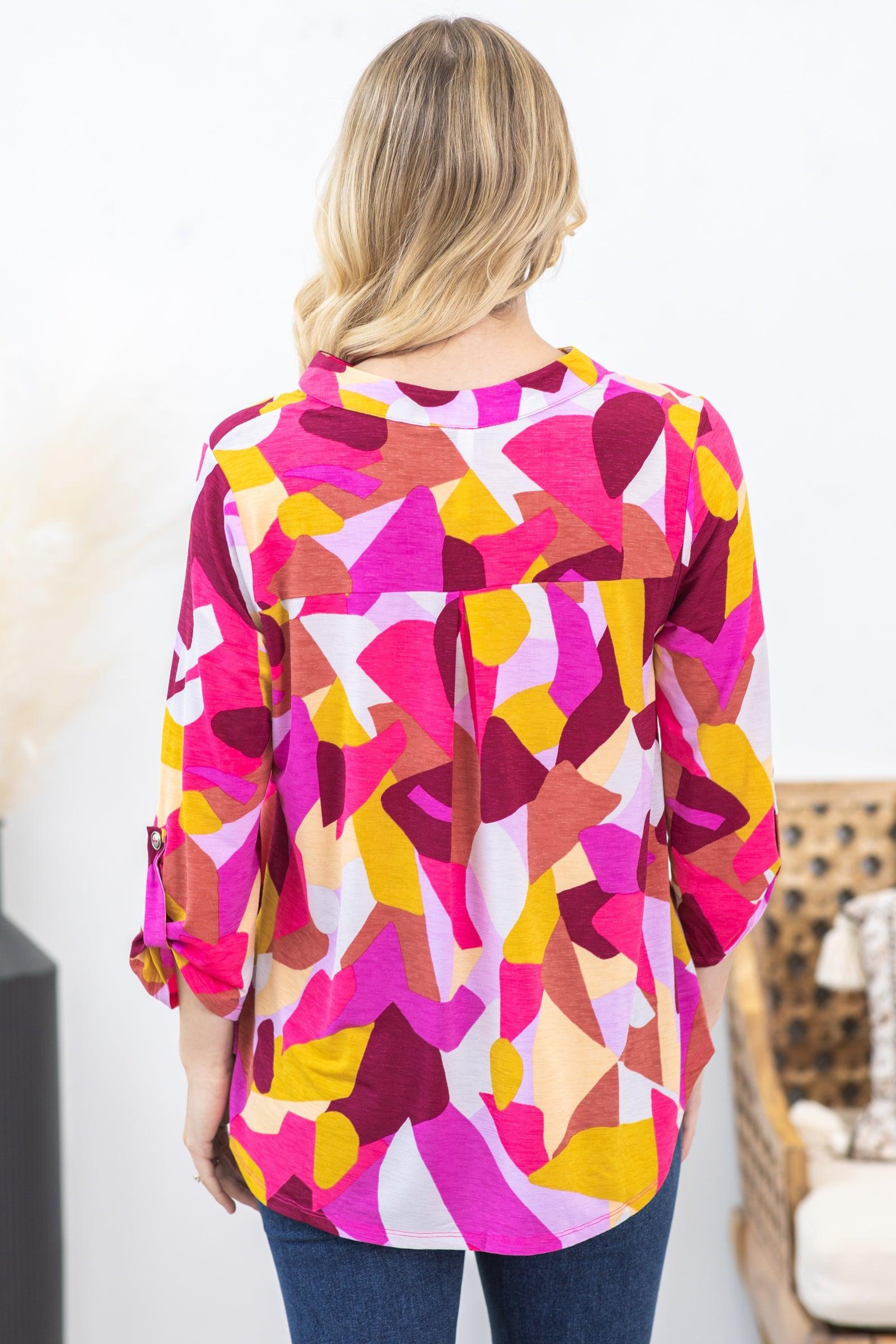 Hot Pink Geo Print Wrinkle Free Lizzy Top Product Image