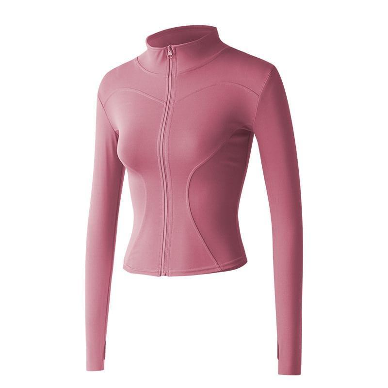 Stand Collar Plain Panel Fleece-Lined Zip Yoga Jacket Product Image