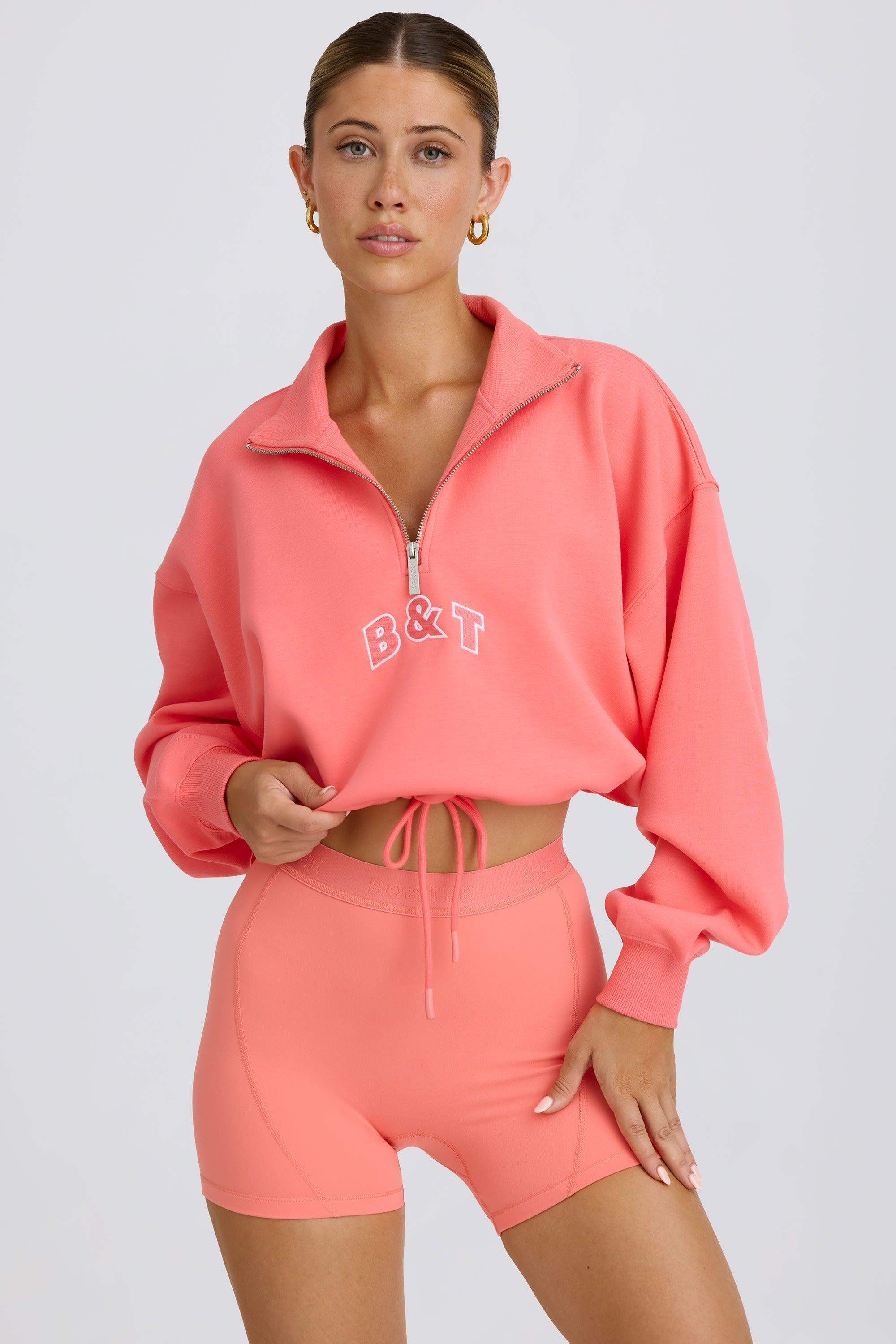 Quarter-Zip Cropped Sweatshirt in Coral Product Image