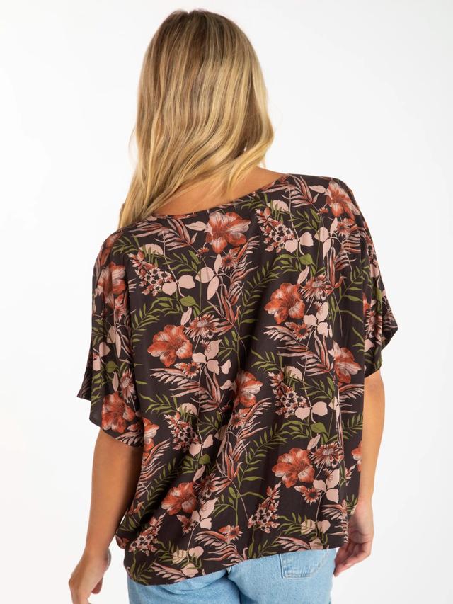 Easy V-Neck Top - Brown Orange Hibiscus Product Image