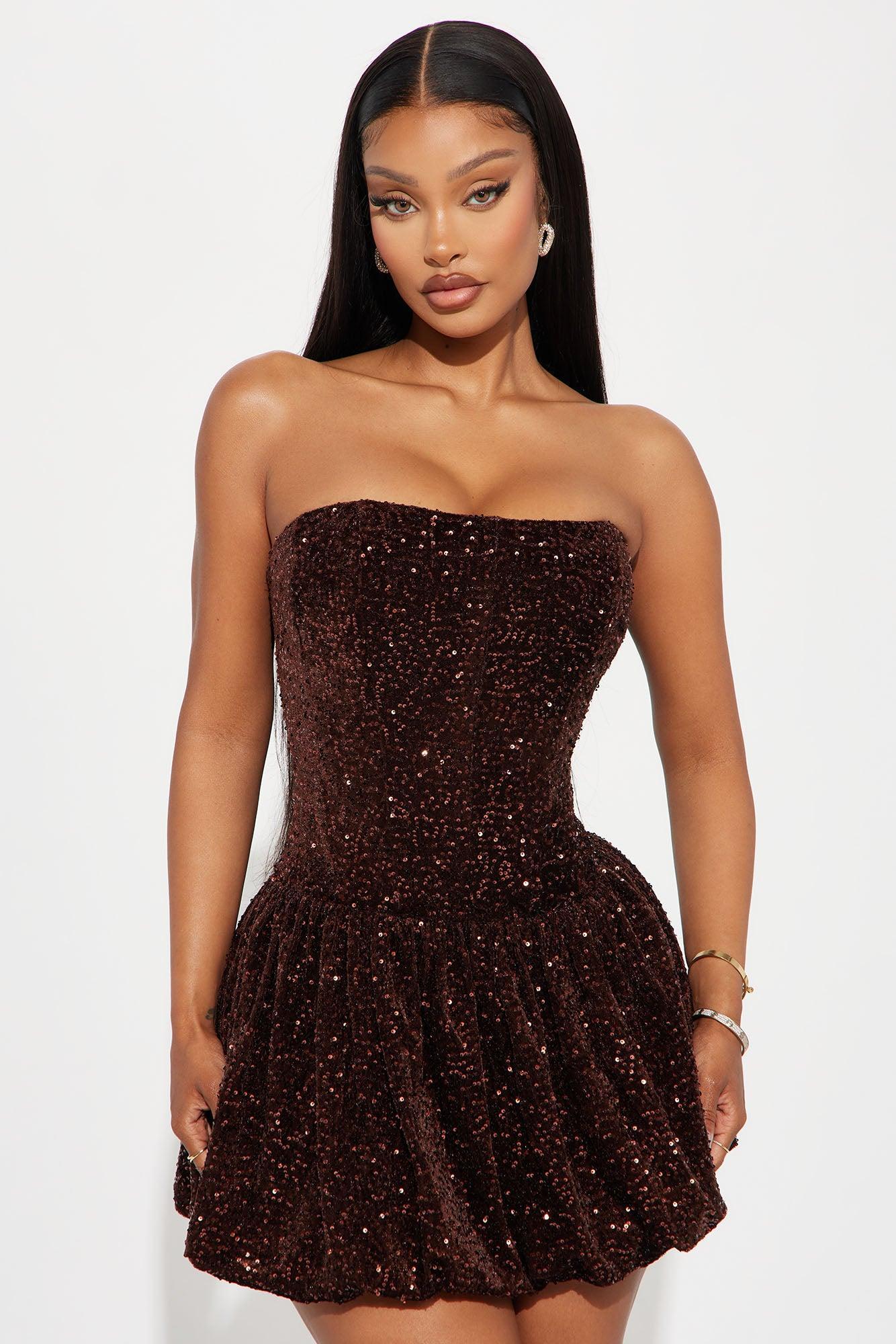 Tabitha Velvet Sequin Mini Bubble Dress - Chocolate Product Image