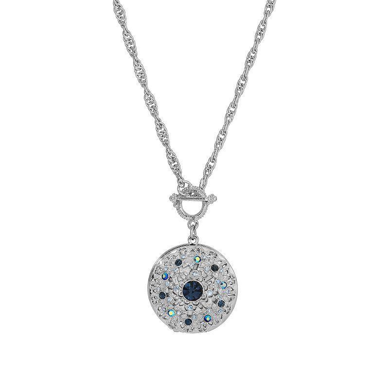 1928 Silver Tone Round Blue Crystal Locket Necklace, Womens Product Image