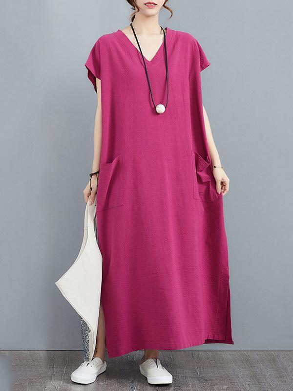 Simple Ramie Cotton Solid Color Split-Side With Pocket V-Neck Short Sleeves Maxi Dress Product Image