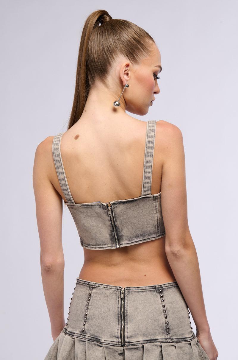 STAND ON MY BUSINESS MINERAL WASH DENIM STUDDED SLEEVELESS TOP Product Image