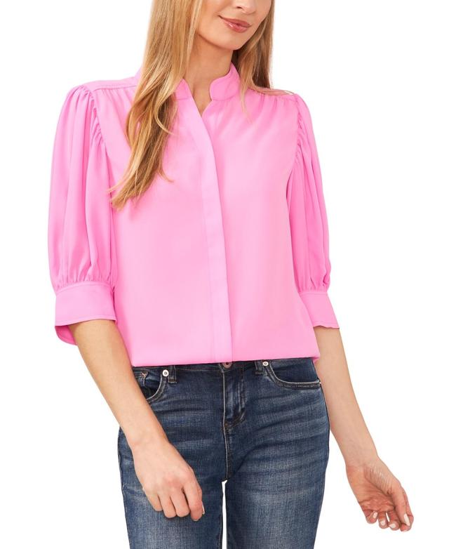 Women's Elbow Sleeve Collared Button Down Blouse Product Image