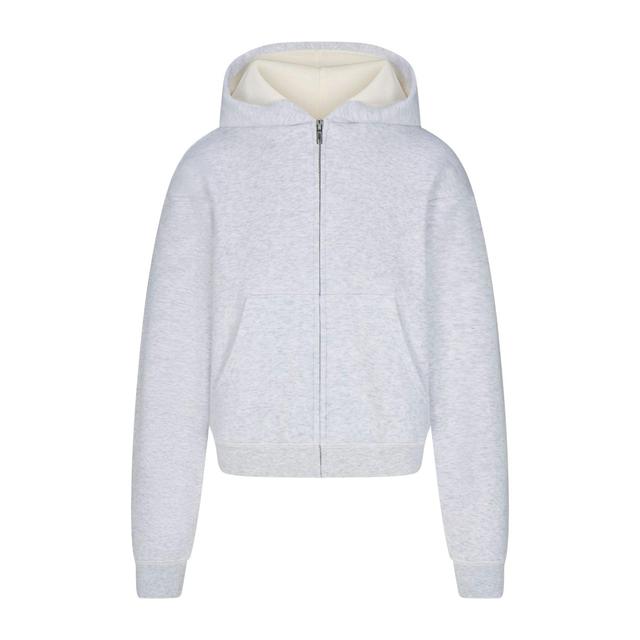 COTTON FLEECE WAFFLE LINED SHRUNKEN ZIP UP HOODIE | LIGHT HEATHER GREY Product Image