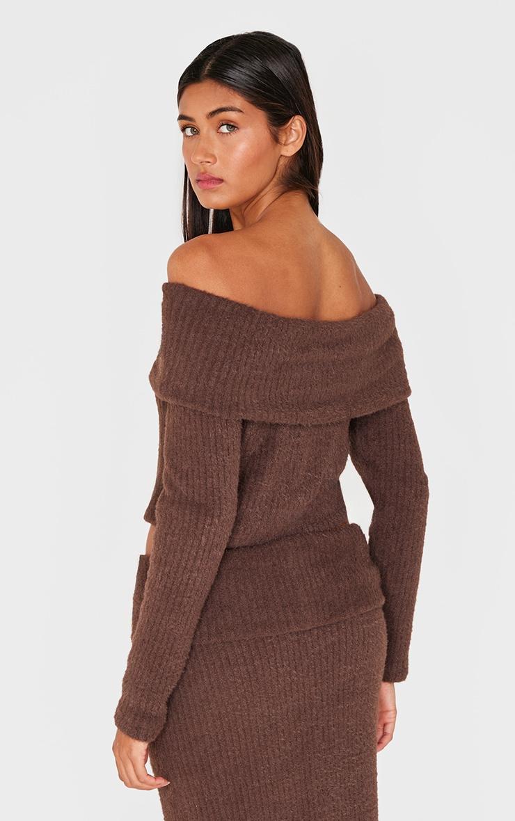 Chocolate Textured Soft Rib Fold Over Bardot Long Sleeve Long Top Product Image