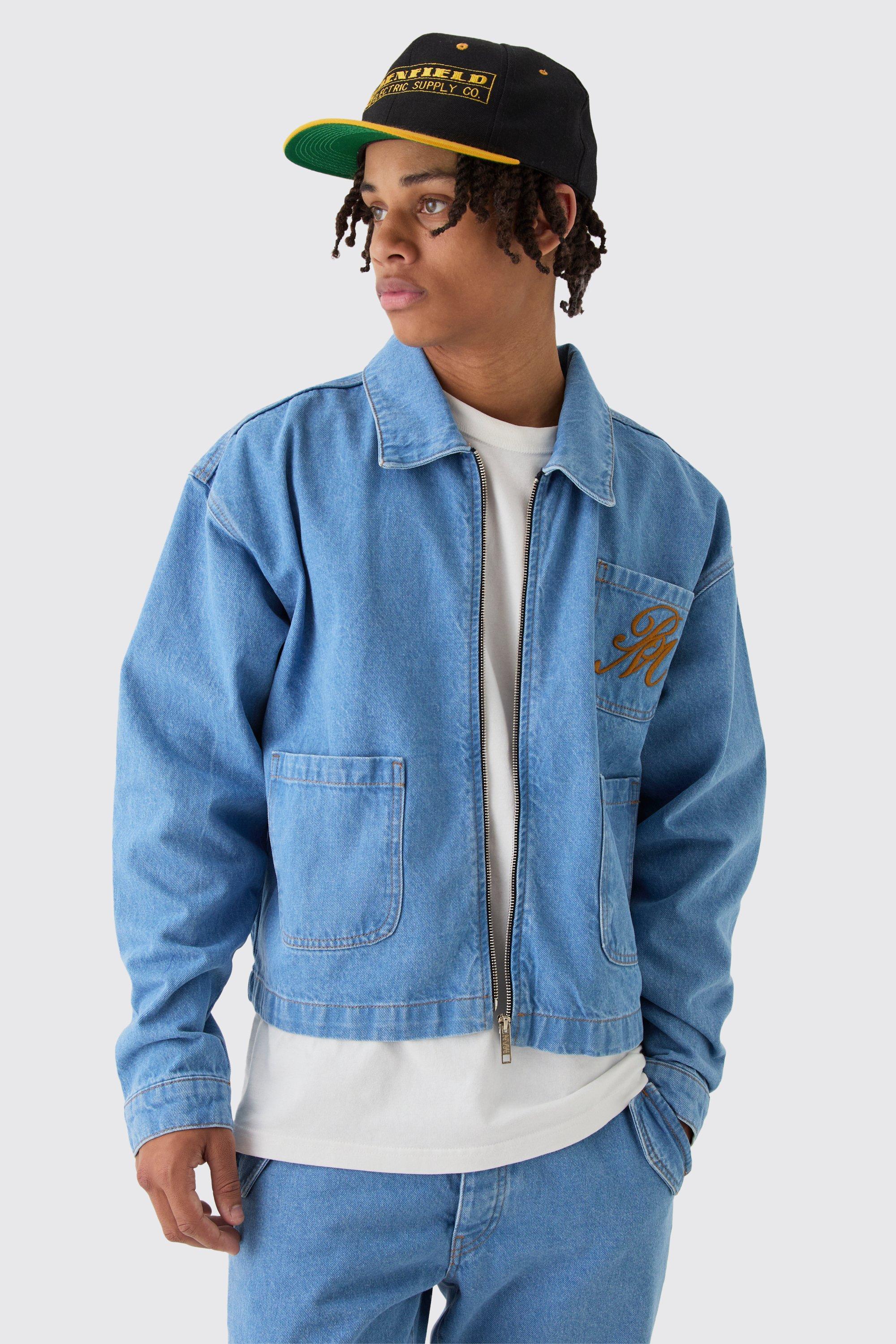 Mens Blue Boxy Fit Western Denim Jacket, Blue Product Image