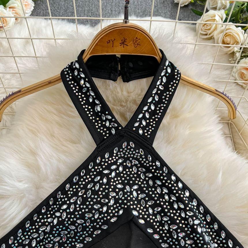 Halter Neck Rhinestone Mini Bodycon Dress Product Image