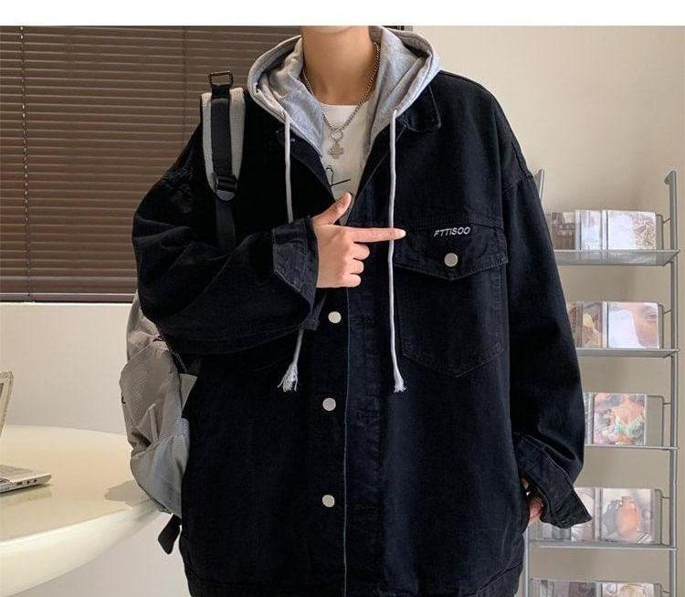 Hooded Washed Denim Button Up Jacket Product Image