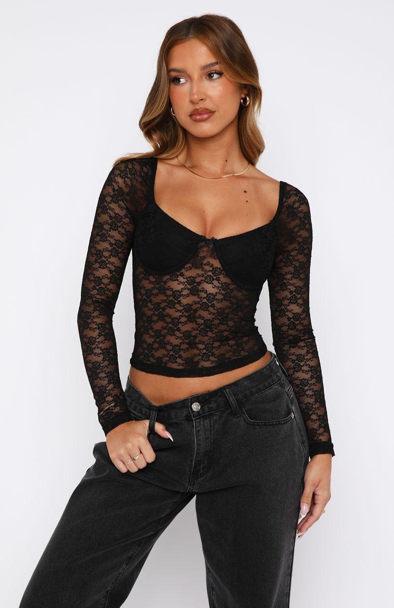 Everything To You Lace Long Sleeve Top Black Product Image