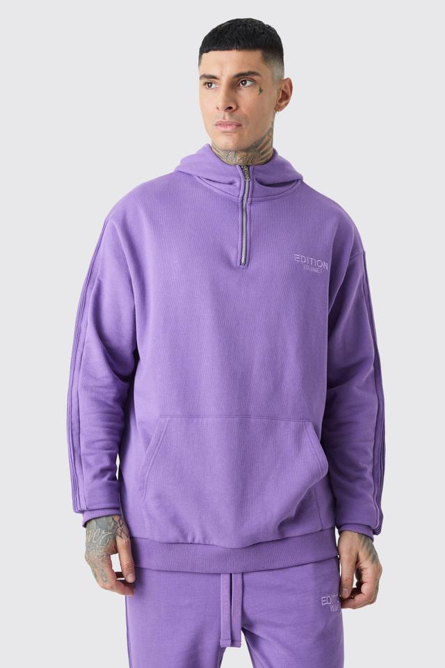 Mens Purple Tall EDITION Oversized Heavyweight 1/4 Zip Pintuck Hoodie, Purple Product Image