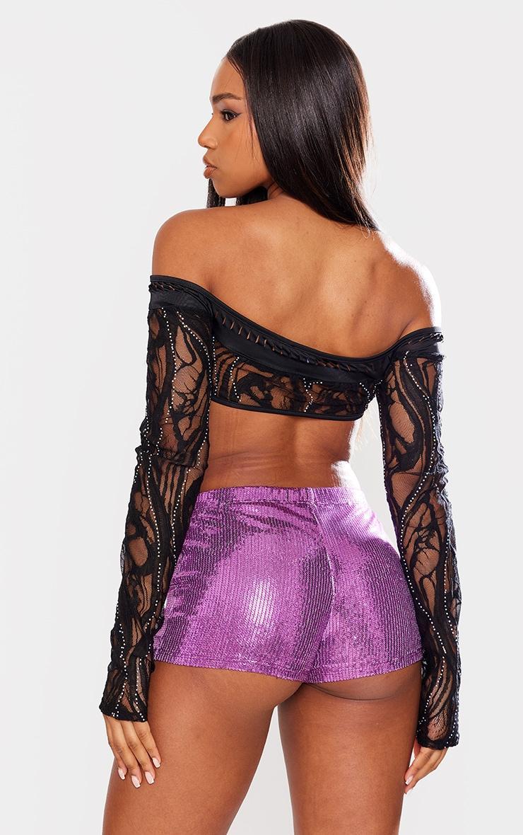 Black Diamante Lace Cut Out Long Sleeve Crop Top Product Image