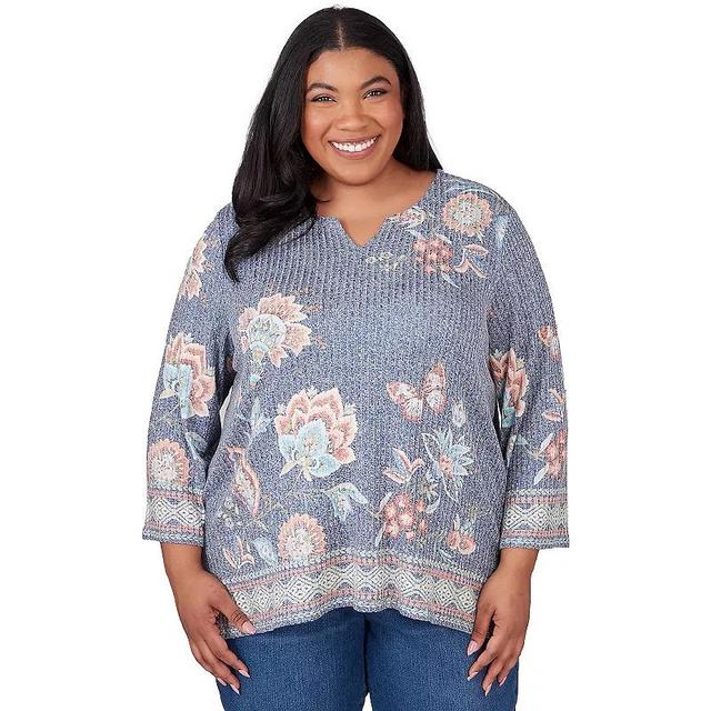 Plus Size Alfred Dunner Floral Border Split Neck Top, Womens Blue Team Product Image