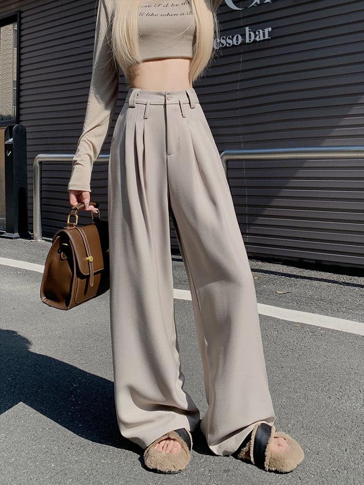 High Rise Plain Wide Leg Slacks Product Image