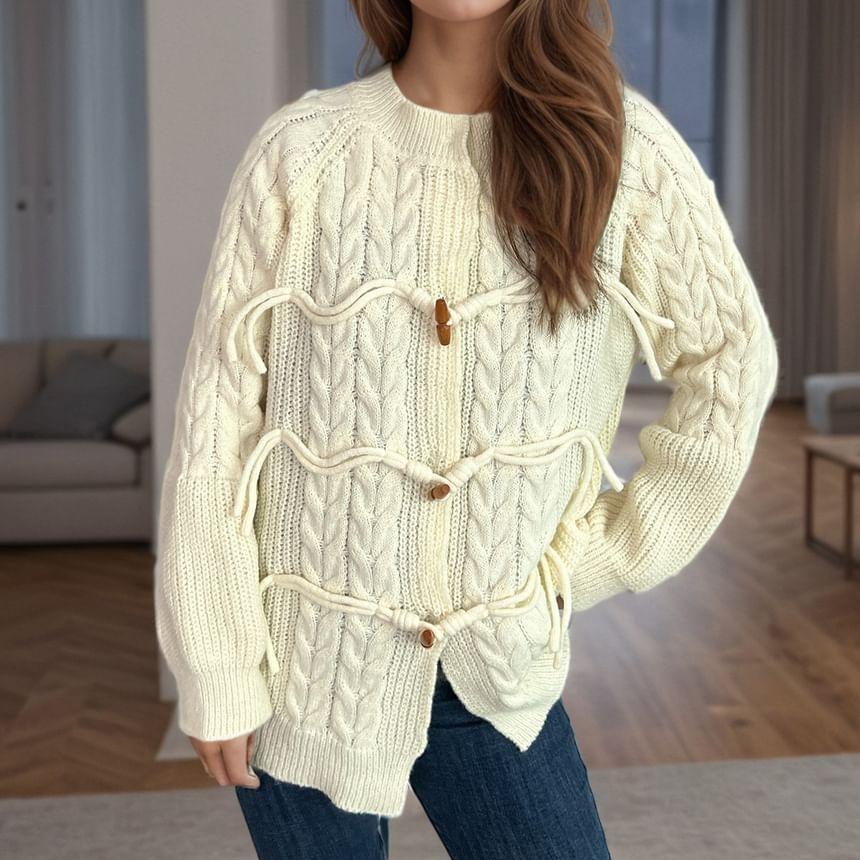 Crew Neck Plain Cable Knit Toggle Cardigan Product Image