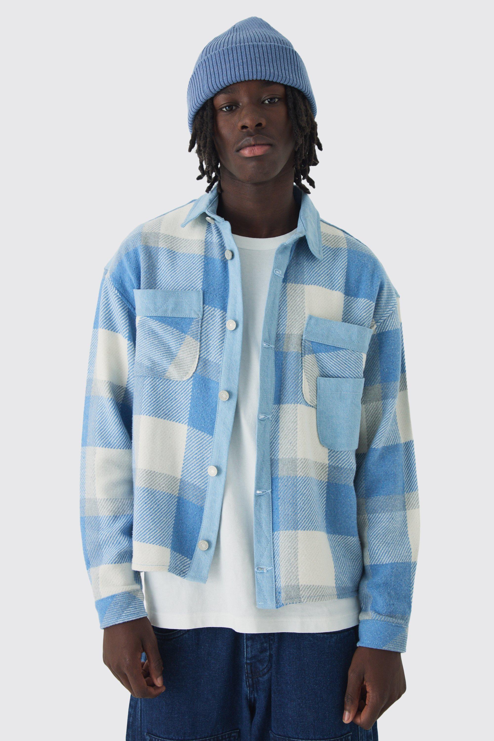 Mens Beige Oversized Denim Checked Quilted Overshirt, Beige Product Image