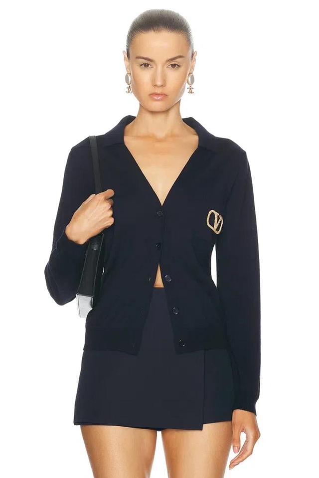 Garavani Womens Navy Brand-patch V-neck Wool Cardigan Product Image