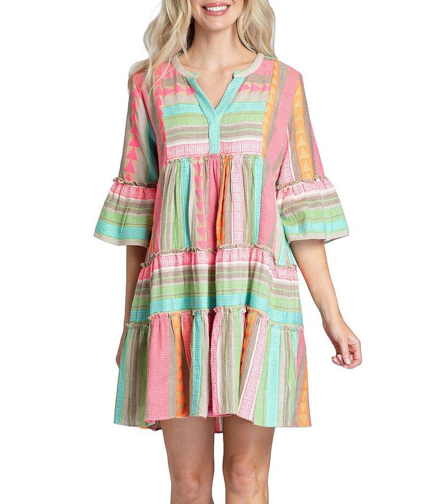 APNY Printed V-Neck 3/4 Flare Sleeve Dress Product Image