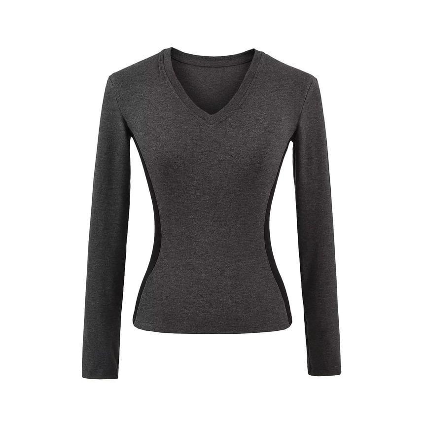 Long-Sleeve V-Neck Plain Crop Top Product Image