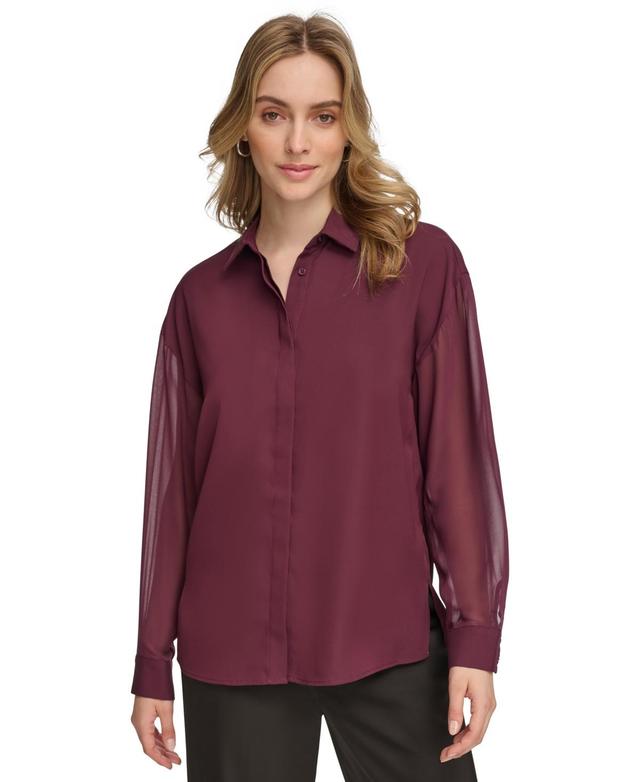 Calvin Klein Womens Chiffon Sleeve Button Down Blouse Product Image