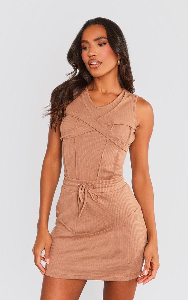 Taupe Ribbed Cut Out Cross Front Bodycon Dress Product Image