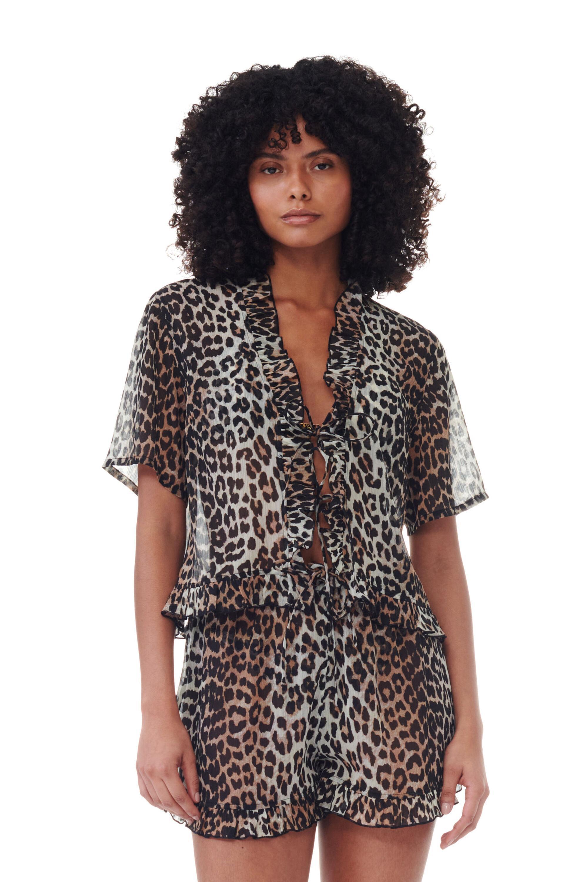 Leopard Printed Chiffon Tie String Blouse product image