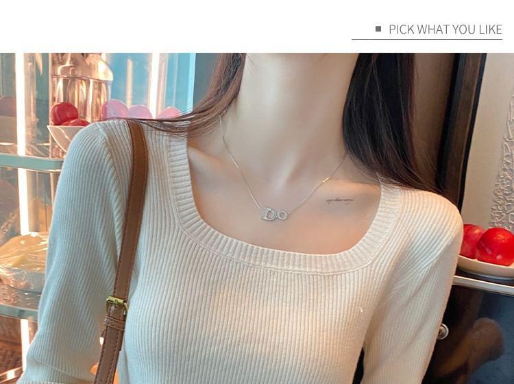 Long-Sleeve Square Neck Plain Ribbed Crop Knit Top Product Image