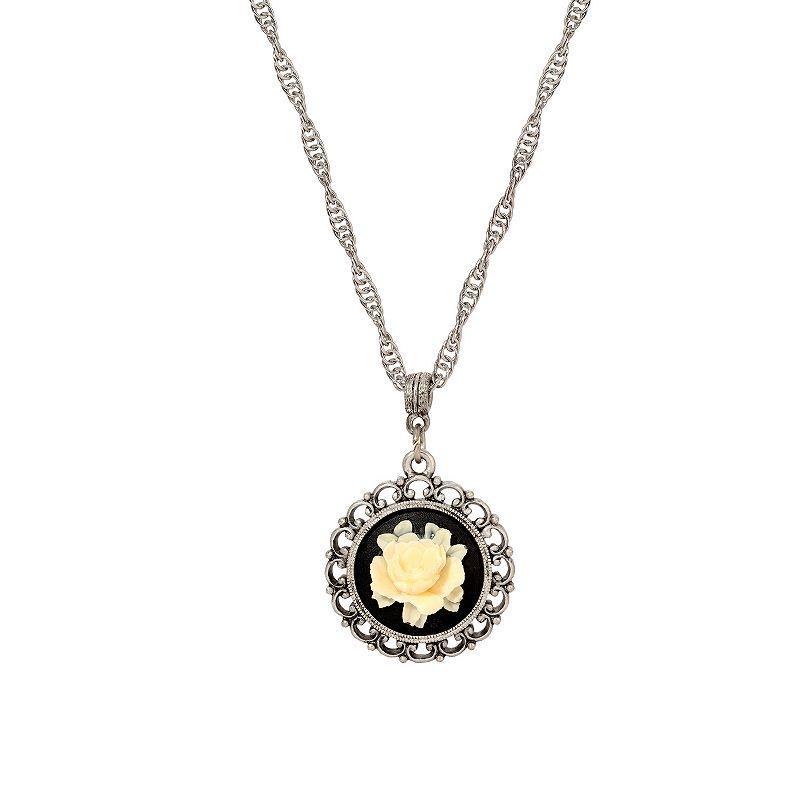 1928 Silver Tone Black & Cream Flower Cameo Pendant Necklace, Womens Product Image