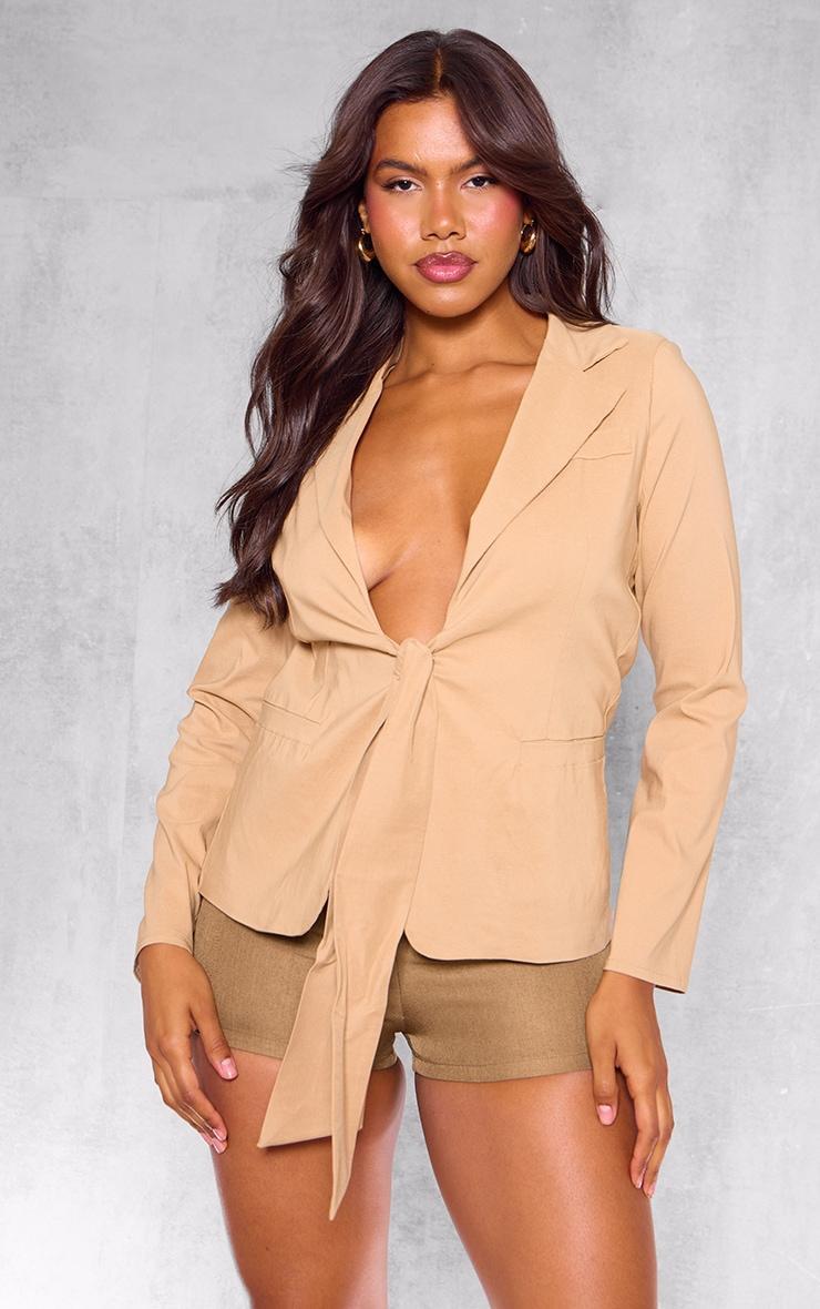 Sand Tie Front Bow Textured Blazer Product Image