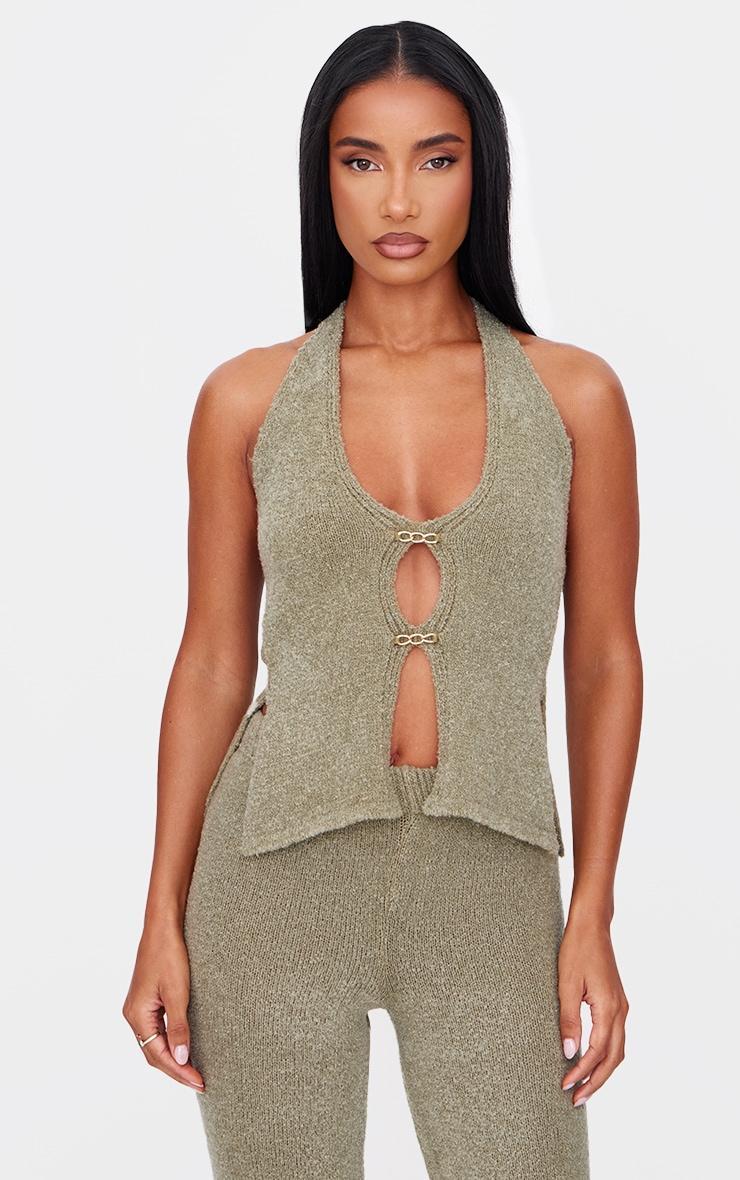 Olive Soft Bobble Knit Gold Trim Vest Top Product Image