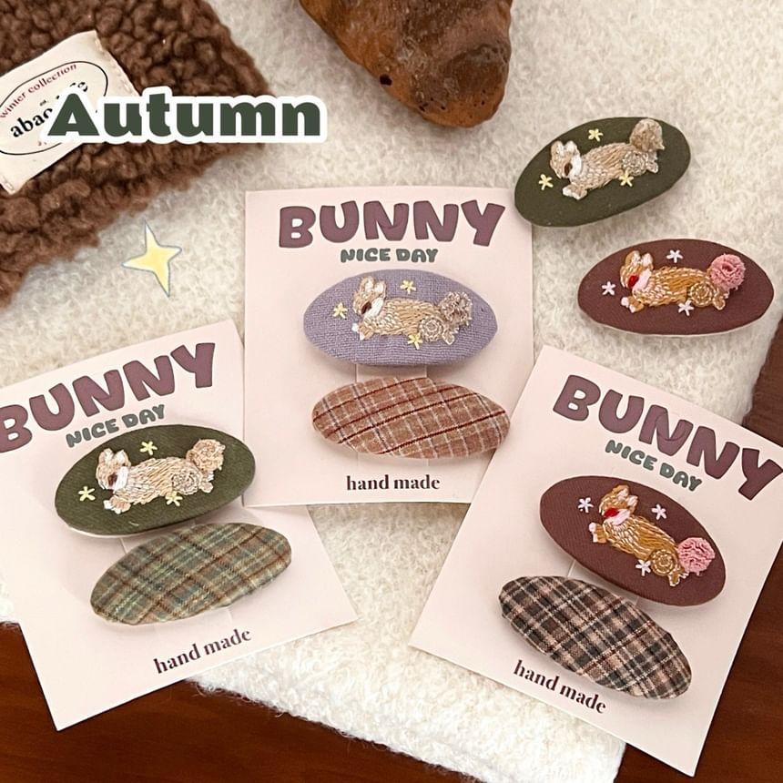 Set: Rabbit Embroidered Hair Clip + Plaid Hair Clip Product Image