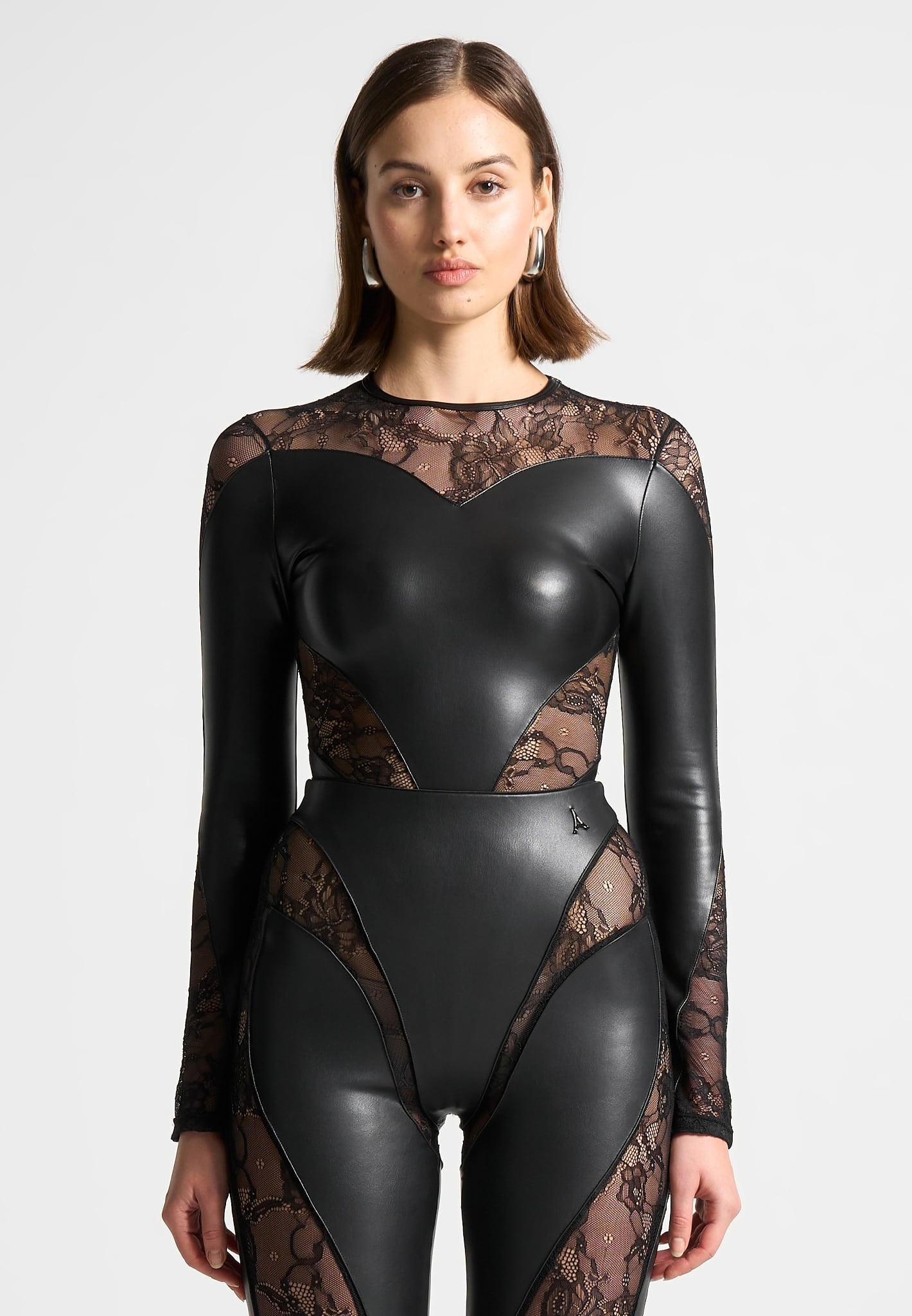 Vegan Leather and Lace Contour Bodysuit - Black Female Product Image